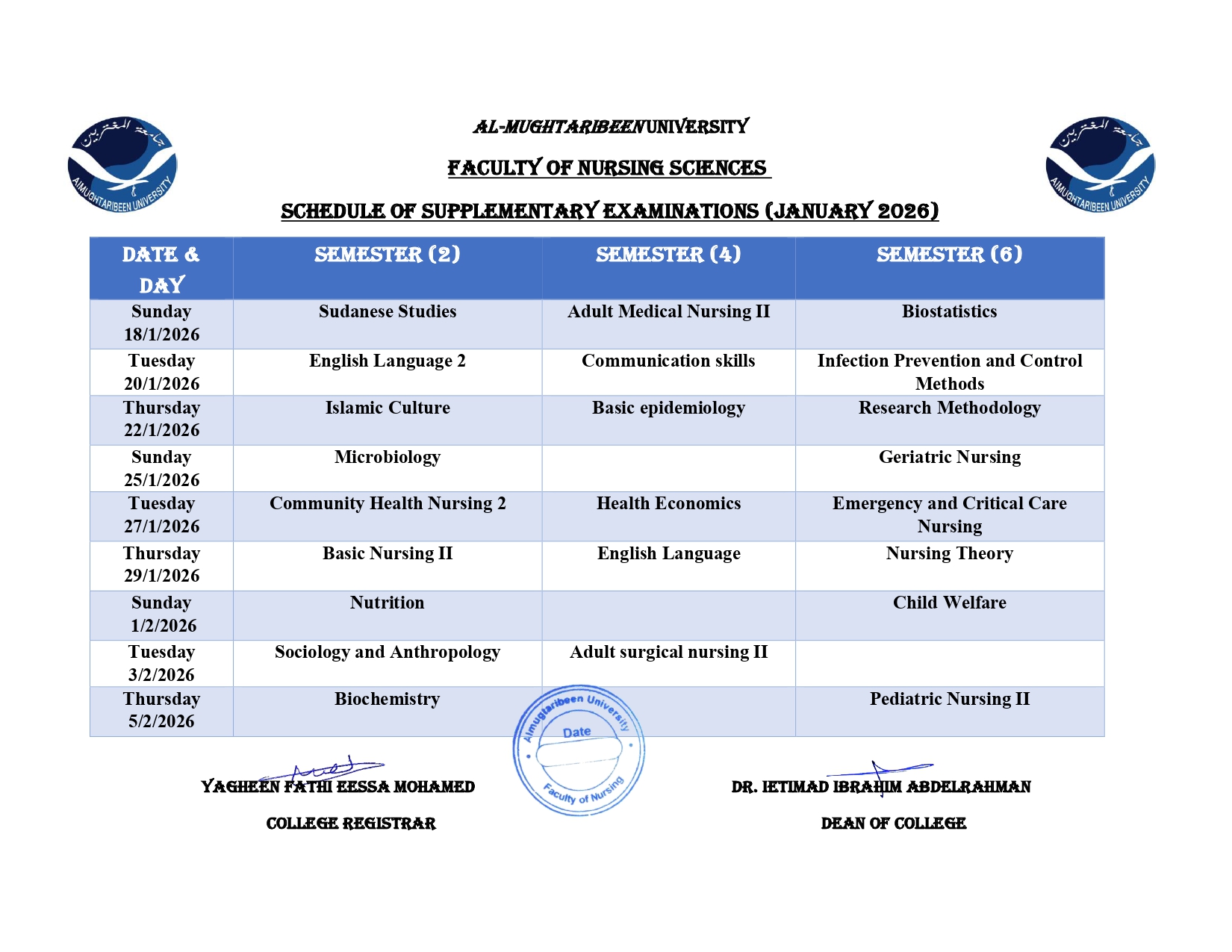 كلية علوم التمريض - جدول امتحانات الملاحق والبدايل وزالة الرسوب
